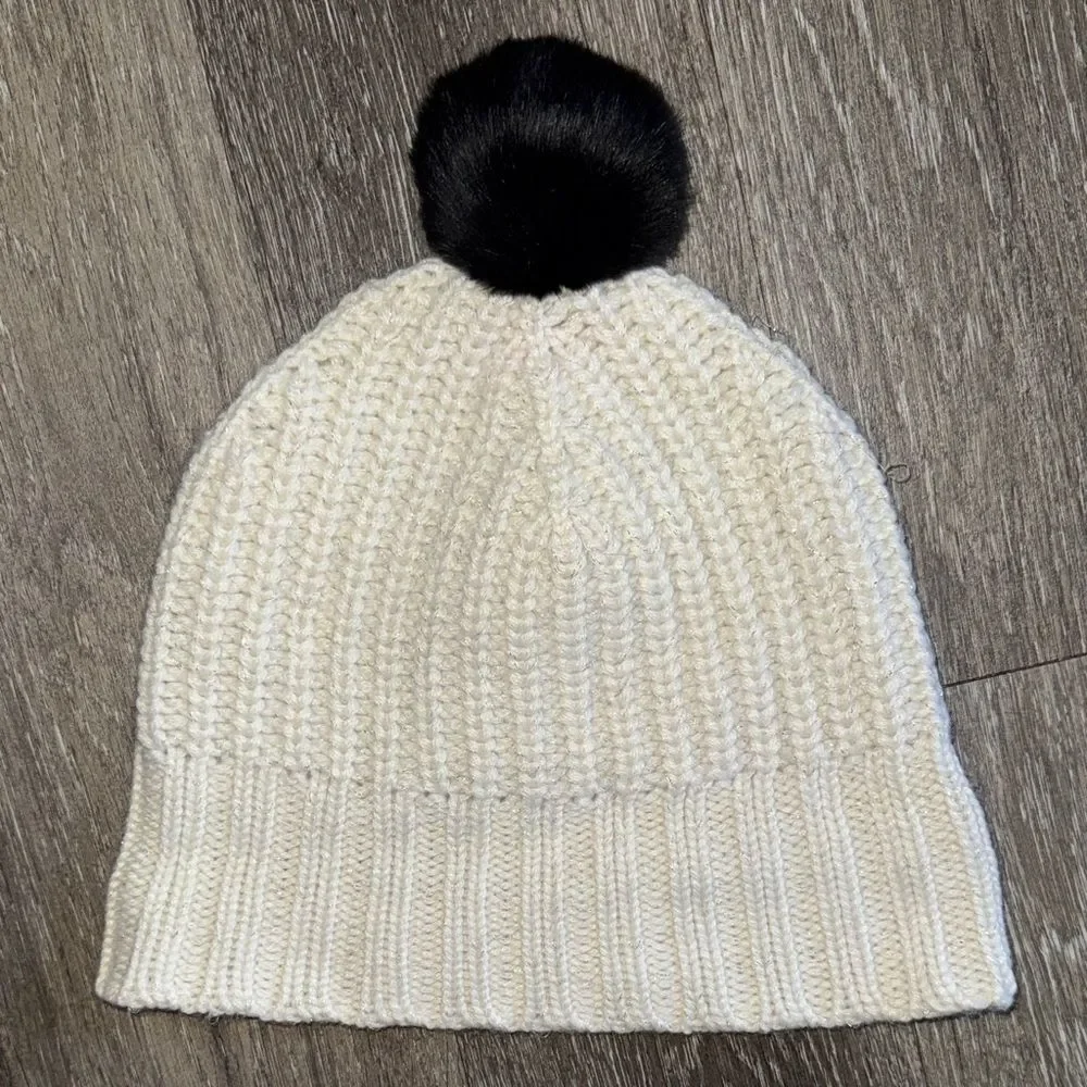 Kate Spade Cream Knit Beanie with Black Pom